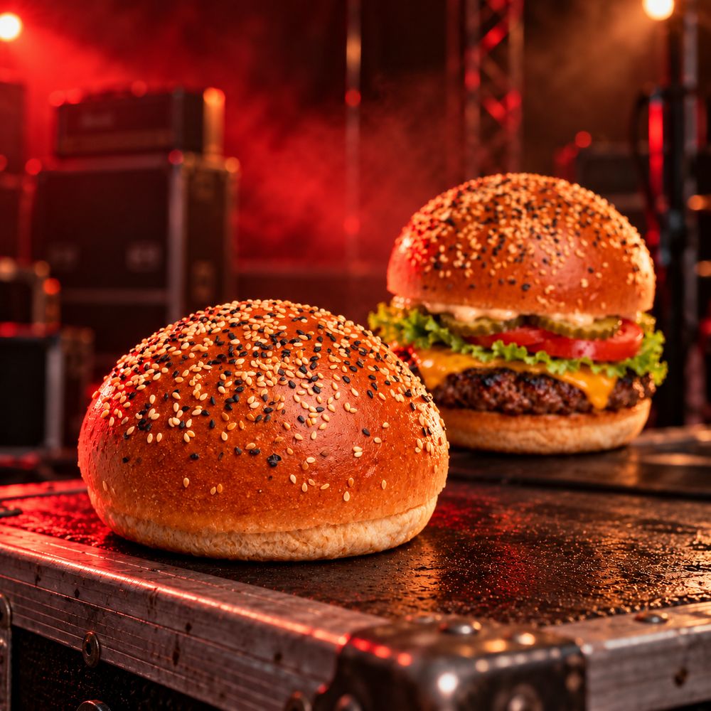 A glossy sesame-topped bun beside a finished cheeseburger, lit by warm red stage light on a road case